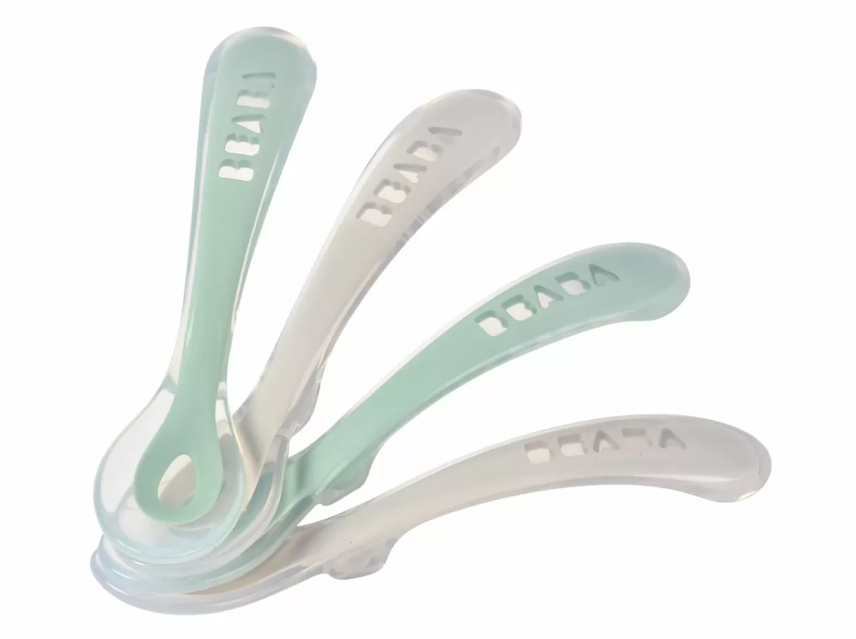BÉABA Couverts, Vaisselle Et Bavoirs*Lot 4 Cuilleres 2Eme Age Silicone Velvet Grey / Sage Green